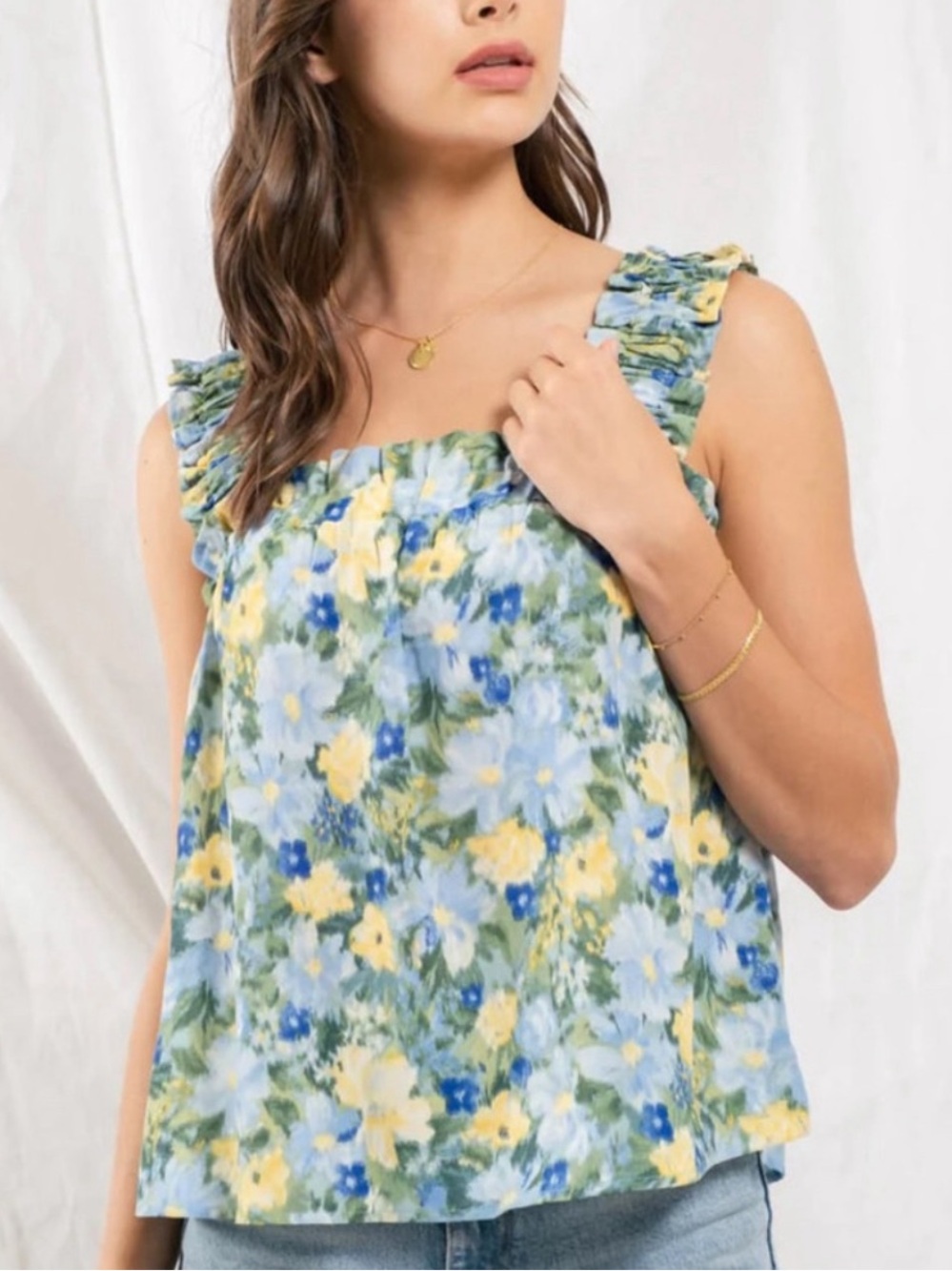 Blu Pepper Floral Ruffle-Strap Camisole in Light Blue and Yellow